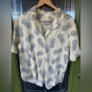 Men’s Small Yellow Pineapple Cotton Linen Hawaiian Button Down Shirt Vacation